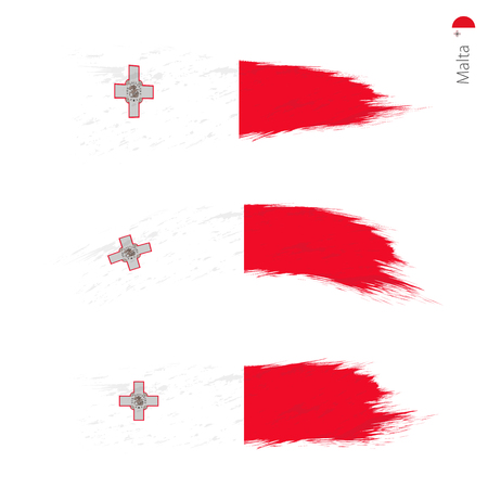 Set of 3 grunge textured flag of Malta, three versions of national country flag in brush strokes painted style. Vector flags.のイラスト素材