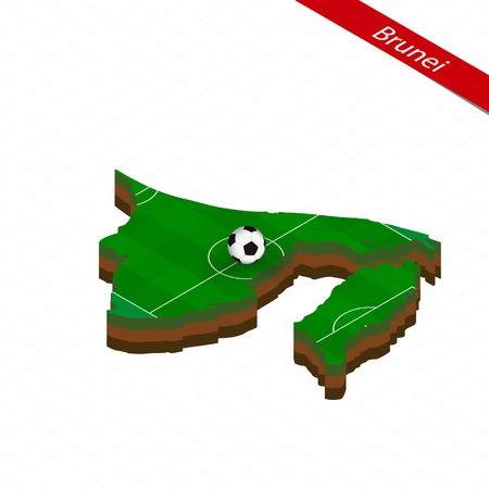 Isometric map of Brunei with soccer field. Football ball in center of football pitch. Vector soccer illustration.のイラスト素材