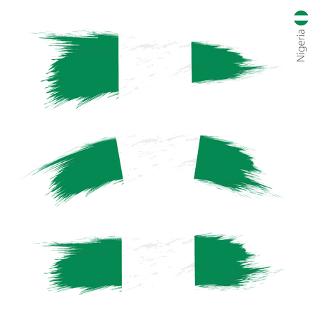 Set of 3 grunge textured flag of Nigeria, three versions of national country flag in brush strokes painted style. Vector flags.のイラスト素材