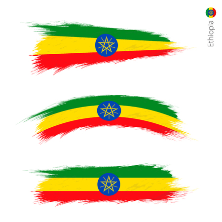 Set of 3 grunge textured flag of Ethiopia, three versions of national country flag in brush strokes painted style. Vector flags.のイラスト素材