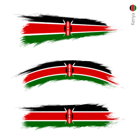 Set of 3 grunge textured flag of Kenya, three versions of national country flag in brush strokes painted style. Vector flags.のイラスト素材
