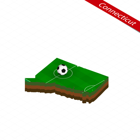 Isometric map of US state Connecticut with soccer field. Football ball in center of football pitch. Vector soccer illustration.のイラスト素材