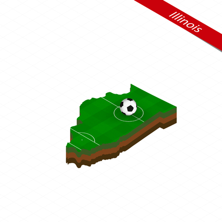 Isometric map of US state Illinois with soccer field. Football ball in center of football pitch. Vector soccer illustration.のイラスト素材