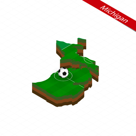 Isometric map of US state Michigan with soccer field. Football ball in center of football pitch. Vector soccer illustration.のイラスト素材