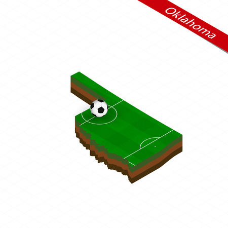 Isometric map of US state Oklahoma with soccer field. Football ball in center of football pitch. Vector soccer illustration.のイラスト素材