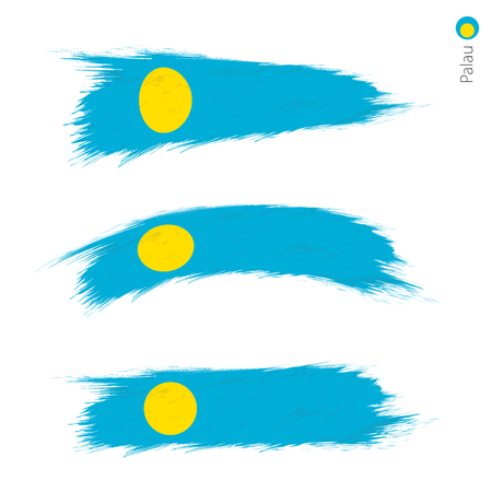 Set of 3 grunge textured flag of Palau, three versions of national country flag in brush strokes painted style. Vector flags.のイラスト素材