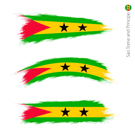 Set of 3 grunge textured flag of Sao Tome and Principe, three versions of national country flag in brush strokes painted style. Vector flags.のイラスト素材