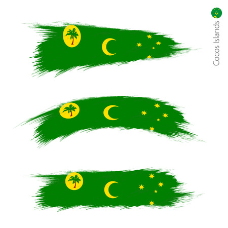 Set of 3 grunge textured flag of Cocos Islands, three versions of national country flag in brush strokes painted style. Vector flags.のイラスト素材