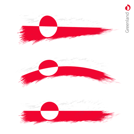 Set of 3 grunge textured flag of Greenland, three versions of national country flag in brush strokes painted style. Vector flags.のイラスト素材