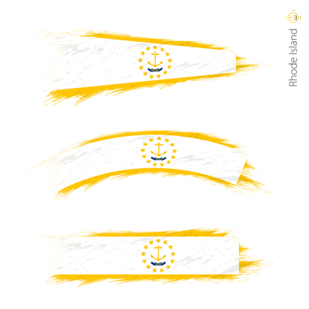 Set of 3 grunge textured flag of US State Rhode Island, three versions of state flag in brush strokes painted style. Vector flags.のイラスト素材