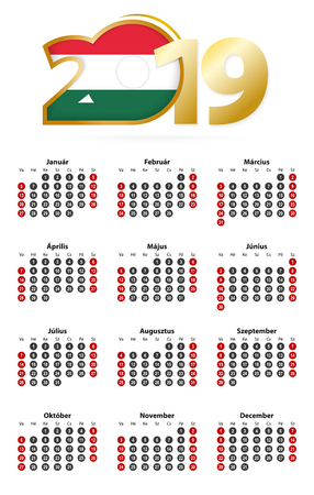 Hungarian calendar 2019 with numbers in circles, week starts on Sunday. 2019 with flag of Hungaryのイラスト素材