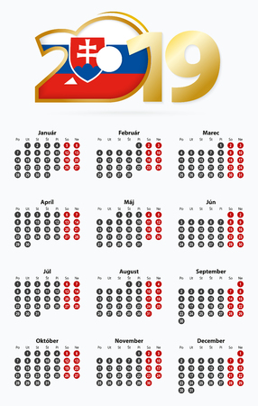 Vector template calendar 2019 with number in circles, simple Slovak calendar for year 2019.のイラスト素材