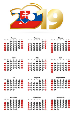 Slovak calendar 2019 with numbers in circles, week starts on Sunday. 2019 with flag of Slovakiaのイラスト素材