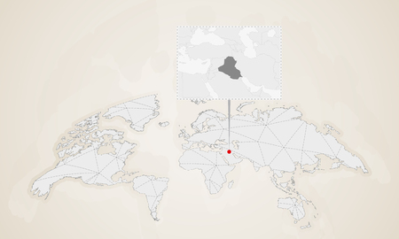 Map of Iraq with neighbor countries pinned on world map. Abstract triangles World Map.のイラスト素材