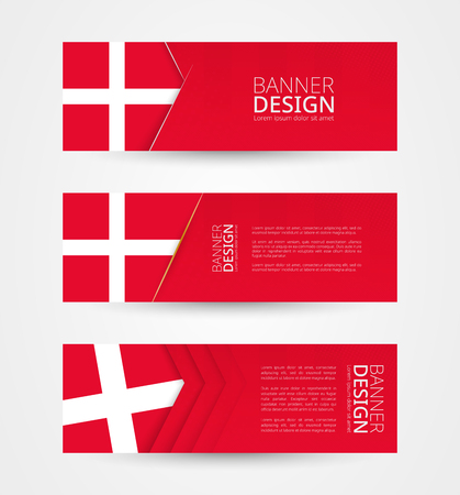 Set of three horizontal banners with flag of Denmark. Web banner design template in color of Denmark flag. Vector illustration.のイラスト素材