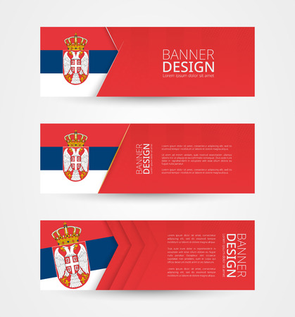 Set of three horizontal banners with flag of Serbia. Web banner design template in color of Serbia flag. Vector illustration.のイラスト素材