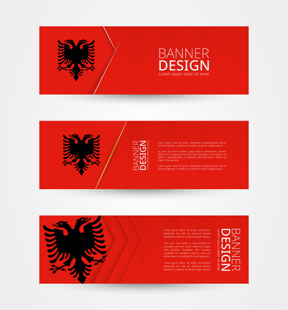 Set of three horizontal banners with flag of Albania. Web banner design template in color of Albania flag. Vector illustration.のイラスト素材
