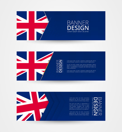 Set of three horizontal banners with flag of United Kingdom. Web banner design template in color of UK flag. Vector illustration.のイラスト素材