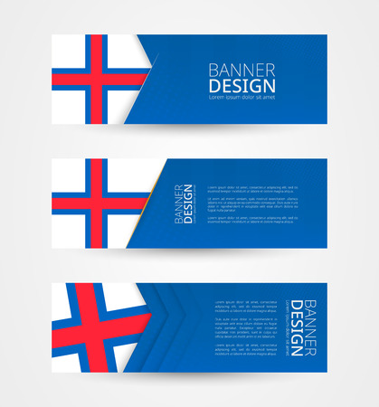 Set of three horizontal banners with flag of Faroe Islands. Web banner design template in color of Faroe Islands flag. Vector illustration.のイラスト素材