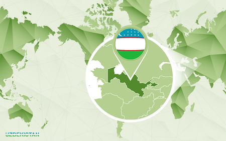 America centric world map with magnified Uzbekistan map. Green polygonal world map.のイラスト素材