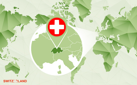 America centric world map with magnified Switzerland map. Green polygonal world map.のイラスト素材