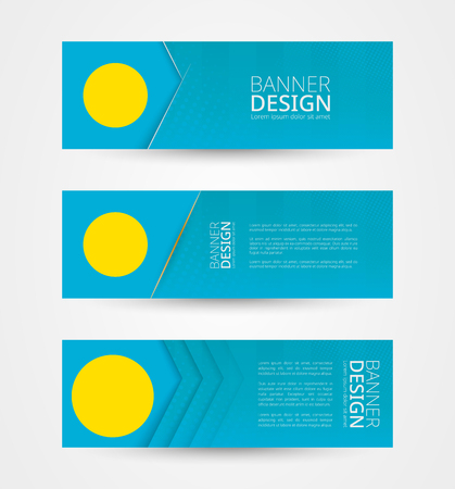 Set of three horizontal banners with flag of Palau. Web banner design template in color of Palau flag. Vector illustration.のイラスト素材