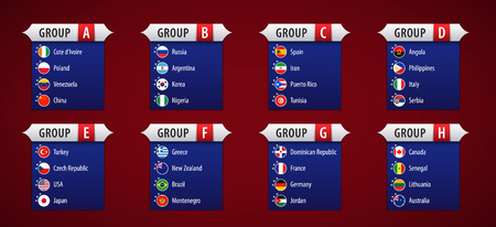 Basketball 2019, participant flags sorted by groups. Vector illustration.のイラスト素材