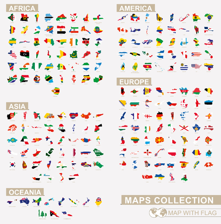 Map with flag Asian, African, Oceanian, European and American countries collection.のイラスト素材