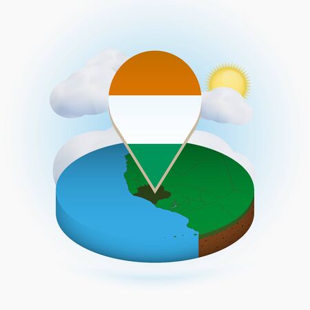 Isometric round map of Ivory Coast and point marker with flag of Ivory Coast. Cloud and sun on background. Isometric vector illustration.のイラスト素材