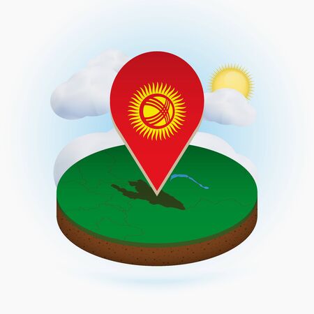 Isometric round map of Kyrgyzstan and point marker with flag of Kyrgyzstan. Cloud and sun on background. Isometric vector illustration.のイラスト素材