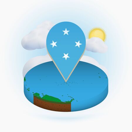 Isometric round map of Micronesia and point marker with flag of Micronesia. Cloud and sun on background. Isometric vector illustration.のイラスト素材