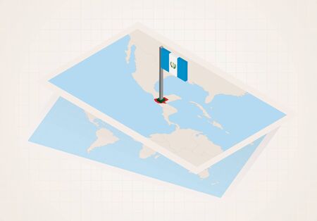 Guatemala selected on map with isometric flag of Guatemala. Vector paper map.のイラスト素材