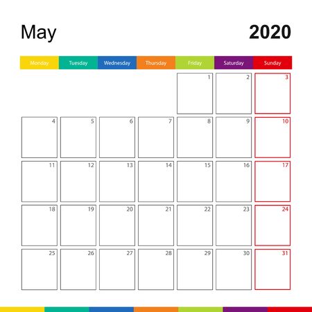 May 2020 colorful wall calendar, week starts on Monday. 2020 Calendar template.のイラスト素材