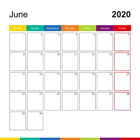 June 2020 colorful wall calendar, week starts on Monday. 2020 Calendar template.のイラスト素材