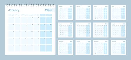 2020 wall planner in blue pastel color, week starts on Monday. Calendar with blue square and with day of previous and next month.のイラスト素材