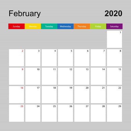 Ð¡alendar page for February 2020, wall planner with colorful design. Week starts on Sunday. Vector calendar template.のイラスト素材