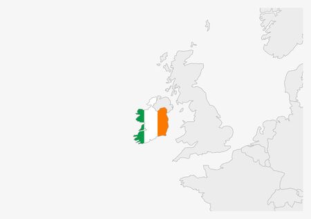 Ireland map highlighted in Ireland flag colors, gray map with neighboring countries.のイラスト素材