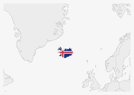 Iceland map highlighted in Iceland flag colors, gray map with neighboring countries.のイラスト素材