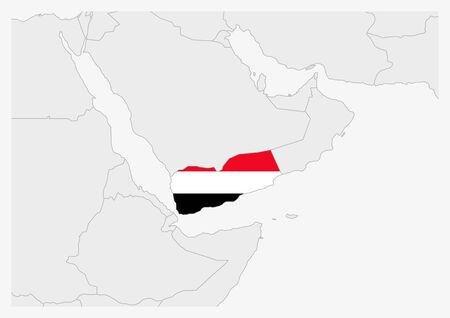 Yemen map highlighted in Yemen flag colors, gray map with neighboring countries.のイラスト素材
