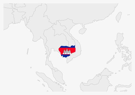 Cambodia map highlighted in Cambodia flag colors, gray map with neighboring countries.のイラスト素材