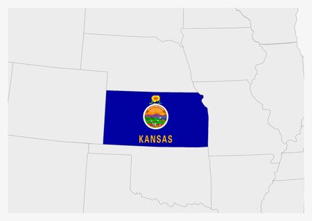 US state Kansas map highlighted in Kansas flag colors, gray map with neighboring usa states.のイラスト素材