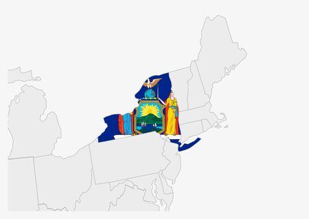US state New York map highlighted in New York flag colors, gray map with neighboring usa states.のイラスト素材