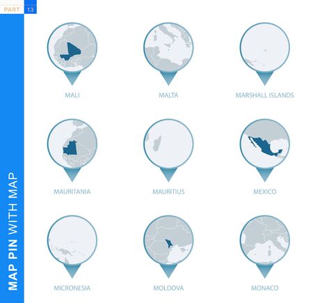 Collection of map pin with detailed map and neighboring countries, 9 map pins of Mali, Malta, Marshall Islands, Mauritania, Mauritius, Mexico, Micronesia, Moldova, Monacoのイラスト素材