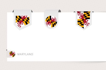Label flag collection of US state Maryland in different shape. Ribbon flag template of Maryland hanging from paper or different surface.のイラスト素材