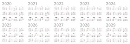 Calendar set in basic design for 2020, 2021, 2022, 2023, 2024, 2025, 2026, 2027, 2028, 2029 years. Vector Calendar collection for decade in English language, week starts on Monday.のイラスト素材