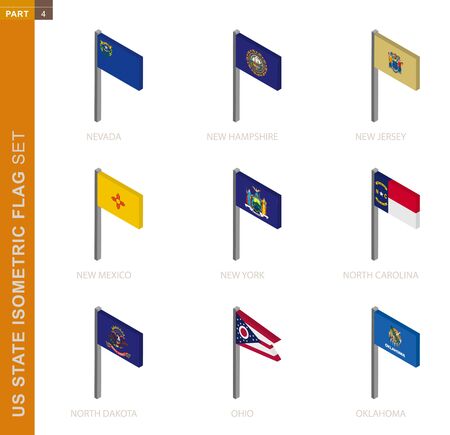 US state Isometric flag set, Flagpole in Isometric dimension. Collection of nine 3D vector US state flag.のイラスト素材