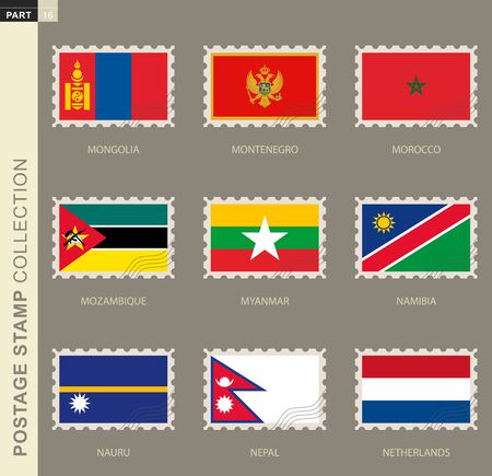 Postage stamp with flag, collection of 9 flag: Mongolia, Montenegro, Morocco, Mozambique, Myanmar, Namibia, Nauru, Nepal, Netherlandsのイラスト素材
