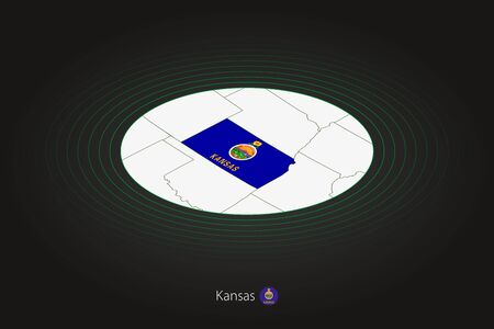 Kansas map in dark color, oval map with neighboring US states. Vector map and flag of US state Kansasのイラスト素材