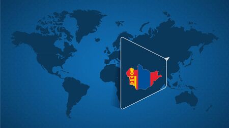 Detailed world map with pinned enlarged map of Mongolia and neighboring countries. Mongolia flag and map.のイラスト素材