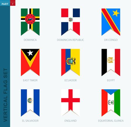 Nine vector vertical flag set. Vertical icon with flag of Dominica, Dominican Republic, DR Congo, East Timor, Ecuador, Egypt, El Salvador, England, Equatorial Guineaのイラスト素材